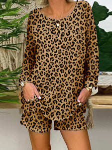 Retro Casual Loose Round Neck Long Sleeve Shirt Shorts Leopard Suit