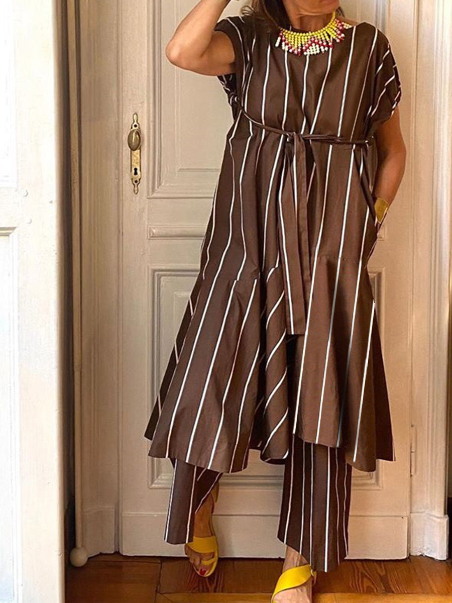 Casual Loose Striped Short Sleeve Two-piece Suit