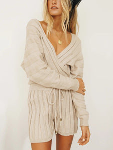 Simple Casual Loose V Neck Long-Sleeved Shirt Shorts Knitted Suit