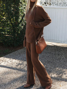 Casual Loose Solid Color Long Sleeve High Neck Two-piece Suit