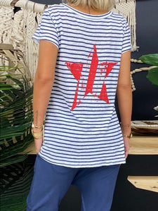Deep V-Neck Short Sleeve Striped Print Tops Loose Pants Women'S Suit