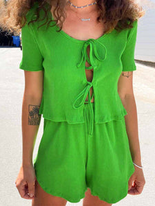 Solid Color Round Neck Lace Casual Two-piece Suit