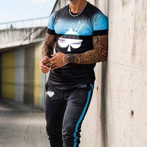 Men'S Blue Gradient Short-Sleeved T-Shirt And Pants Suit