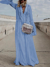 Load image into Gallery viewer, Lace Stitching V-Neck Solid Color Long-Sleeved Dress
