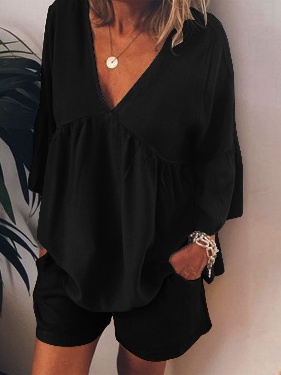 Simple Casual Loose V-Neck Top Shorts Set