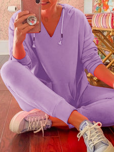 Casual Loose Short Sleeve Hooded Top Pants Knitted Suit