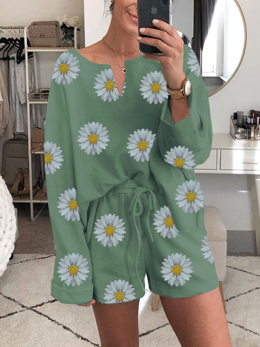 Casual Wild Chrysanthemum Print Two-piece Set