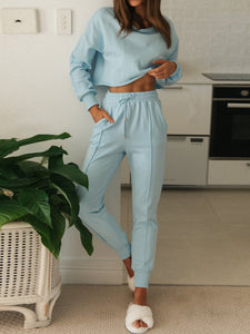Simple Casual Loose Round Neck Long Sleeve Tops And Pants Set