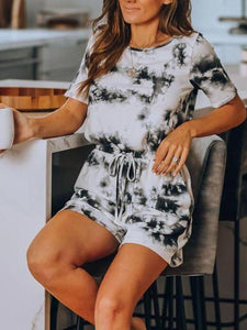 Round Neck Tie-dye Printed Short Sleeve Two-piece Suit