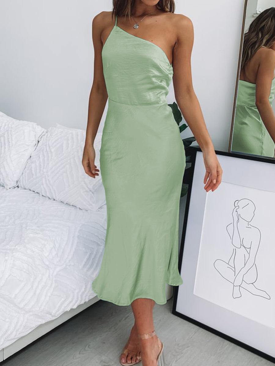Sexy Solid Color One-shoulder Strapless Sleeveless Dress
