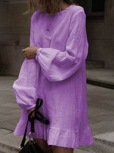 Fashionable Solid Color Round Neck Long Sleeve Dress