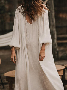 Casual Long Sleeve Round Neckline Printed Solid Color Dress