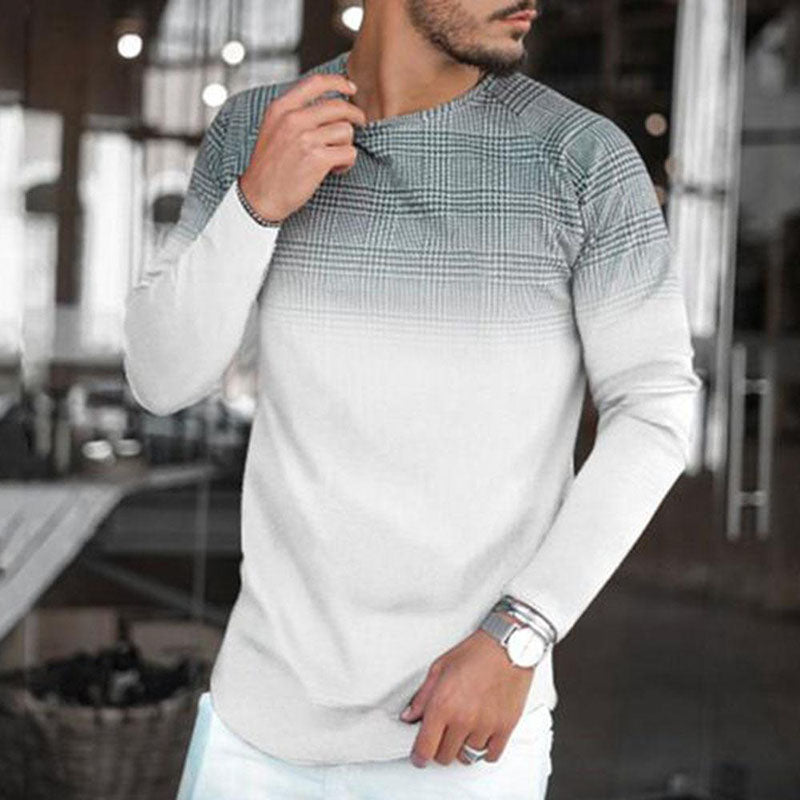 Men'S Casual Plaid Print Gradient Long-Sleeved T-Shirt