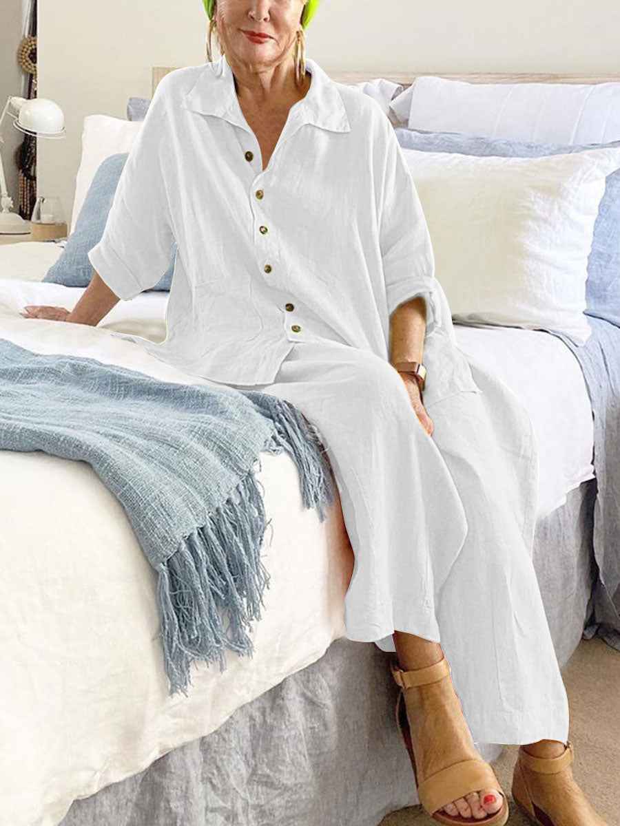Vintage Lapel Button Shirt Loose Trousers Two-piece