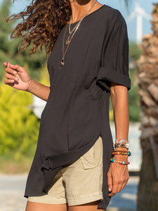 Round Neck Hem Split Solid Color T-Shirt Tops