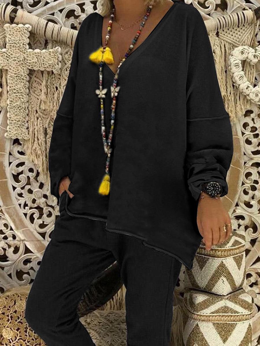 Simple Casual Loose V-Neck Long Sleeved Top Pants Suit