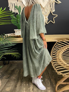Retro Casual Loose Plain V-Neck Maxi Dress