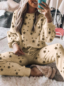 Simple Casual Loose Top Pants Star Print Set