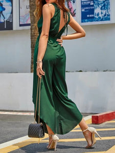 V-neck Solid Color Lace-up Jumpsuit