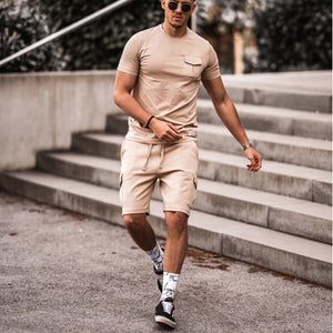 Men'S Casual Pocket Round Neck T-Shirt Shorts Suit