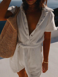 Casual Solid Color Short-sleeved Lapel Jumpsuit