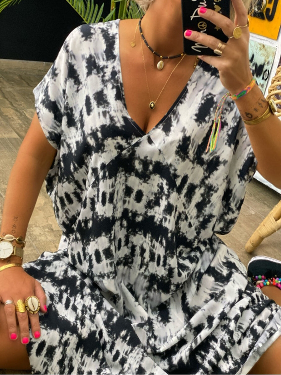 Retro Casual Loose V Neck Tie Dye Dress