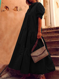 Short-sleeved V-neck Solid Color Dress