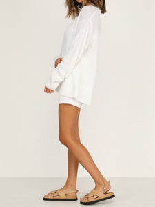 Simple Casual Loose Round Neck Long Sleeve Top Shorts Knitted Suit