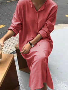 Loose Casual Cotton And Linen Long Sleeve Maxi Dress