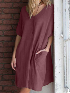Fashionable Solid Color V-neck Dress
