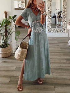 Holiday Printed V-neck Casual Short Sleeve Dress