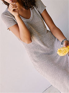 Pure Color Round Neck Short Sleeve Slim Split Maxi Dress