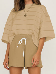 Striped Loose Casual Top High Waist Shorts Two Piece Set