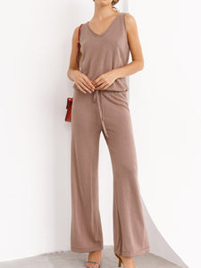Casual Loose V-neck Solid Color Two-piece Suit