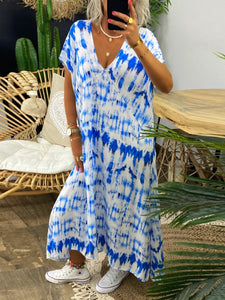 Retro Casual Loose V Neck Tie Dye Dress