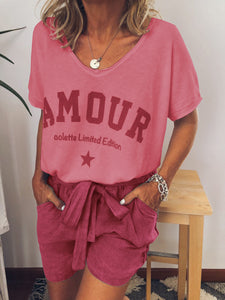 Casual Loose V-Neck Top Shorts Set