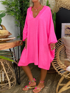 Casual Loose V Neck Long Sleeve Midi Dress