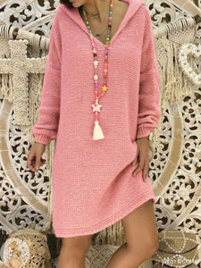 Simple Knitted Long Sleeve Casual Dress with Hood