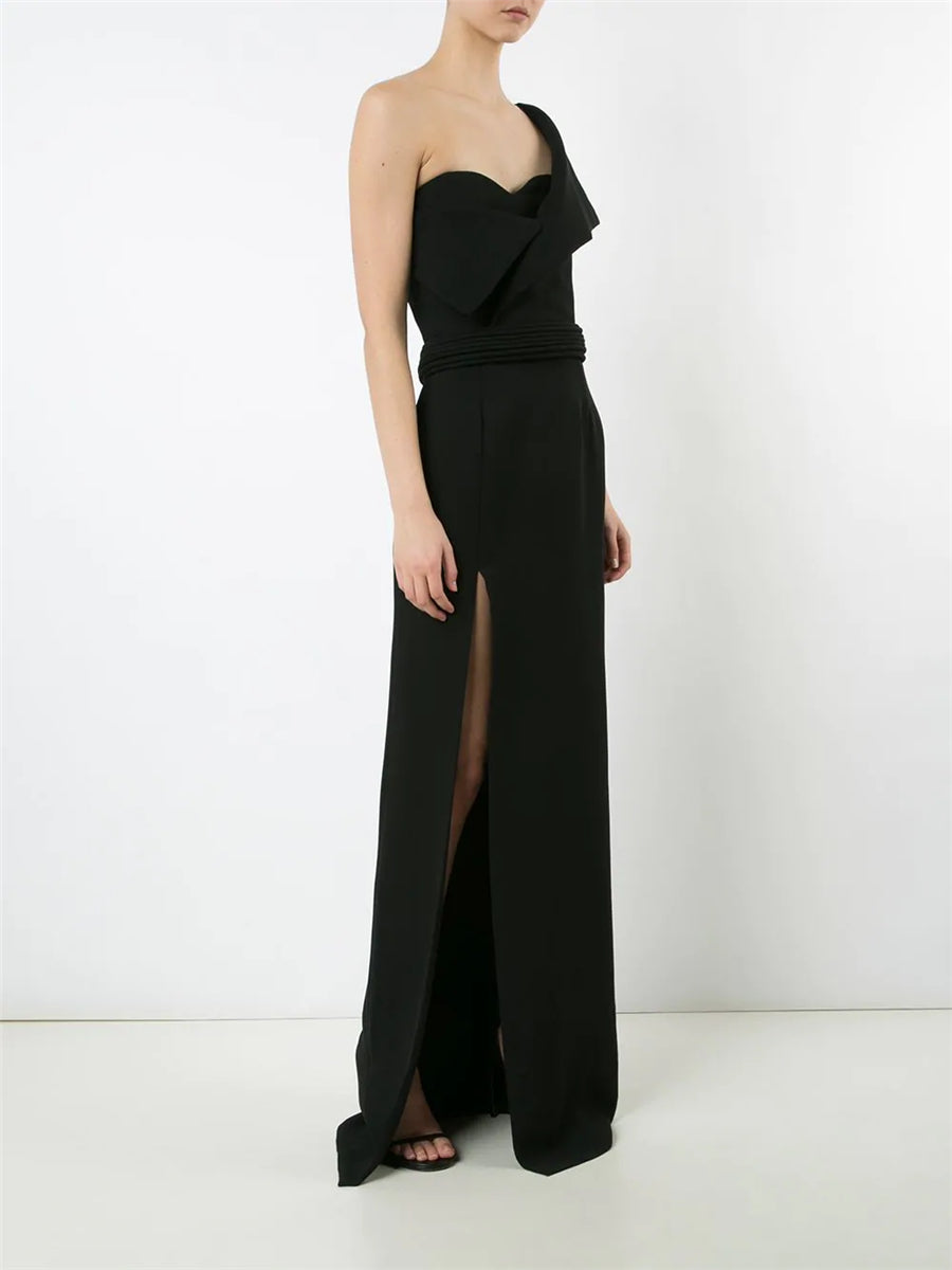 Solid Color One-Shoulder Slit Ladies Dress