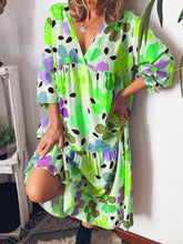 Load image into Gallery viewer, Mid-Calf Print Three-Quarter Sleeve Pullover Color Block Dress
