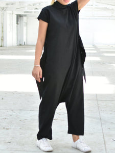 Casual Loose Solid Color Short Sleeve Jumpsuit