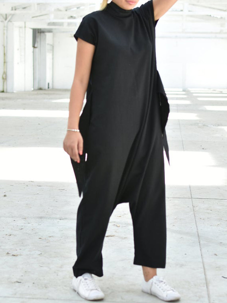 Casual Loose Solid Color Short Sleeve Jumpsuit