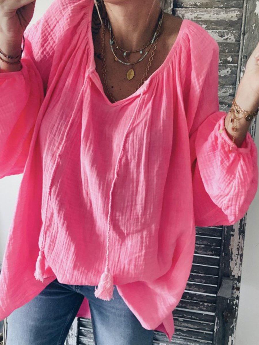 V-Neck Long Sleeve Loose T-Shirt