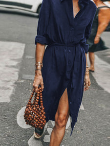 Fashion Button Lapel Solid Color Dress