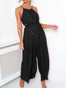 Sexy Solid Color Sleeveless Suspender Pleated Jumpsuit