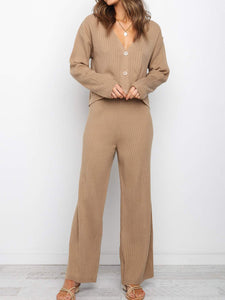 Casual Loose Solid Color Long Sleeve V-neck Two-piece Suit