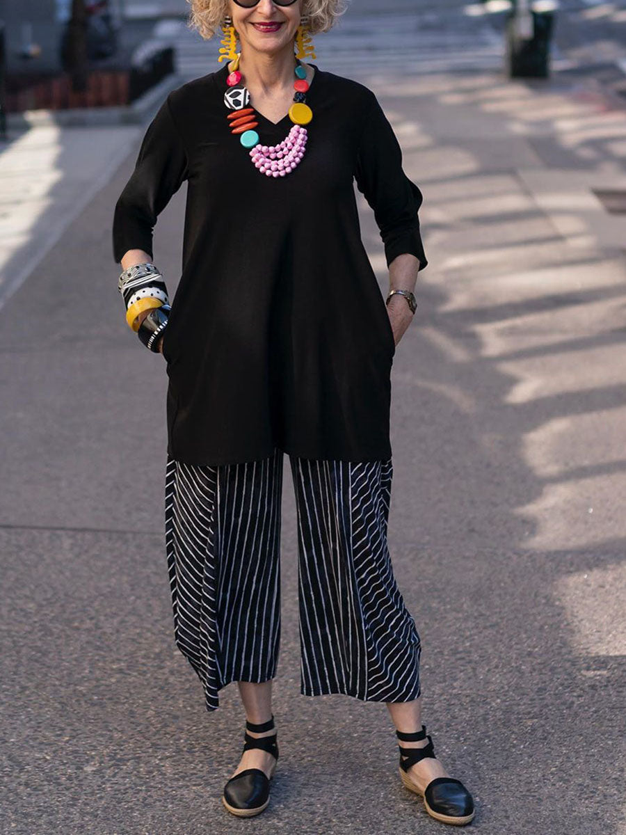 V-neck Long-sleeved Loose Top Striped Trousers Suit