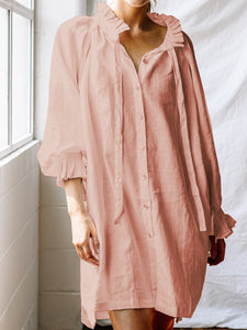 V-neck Button-style Solid Color Shirt Dress