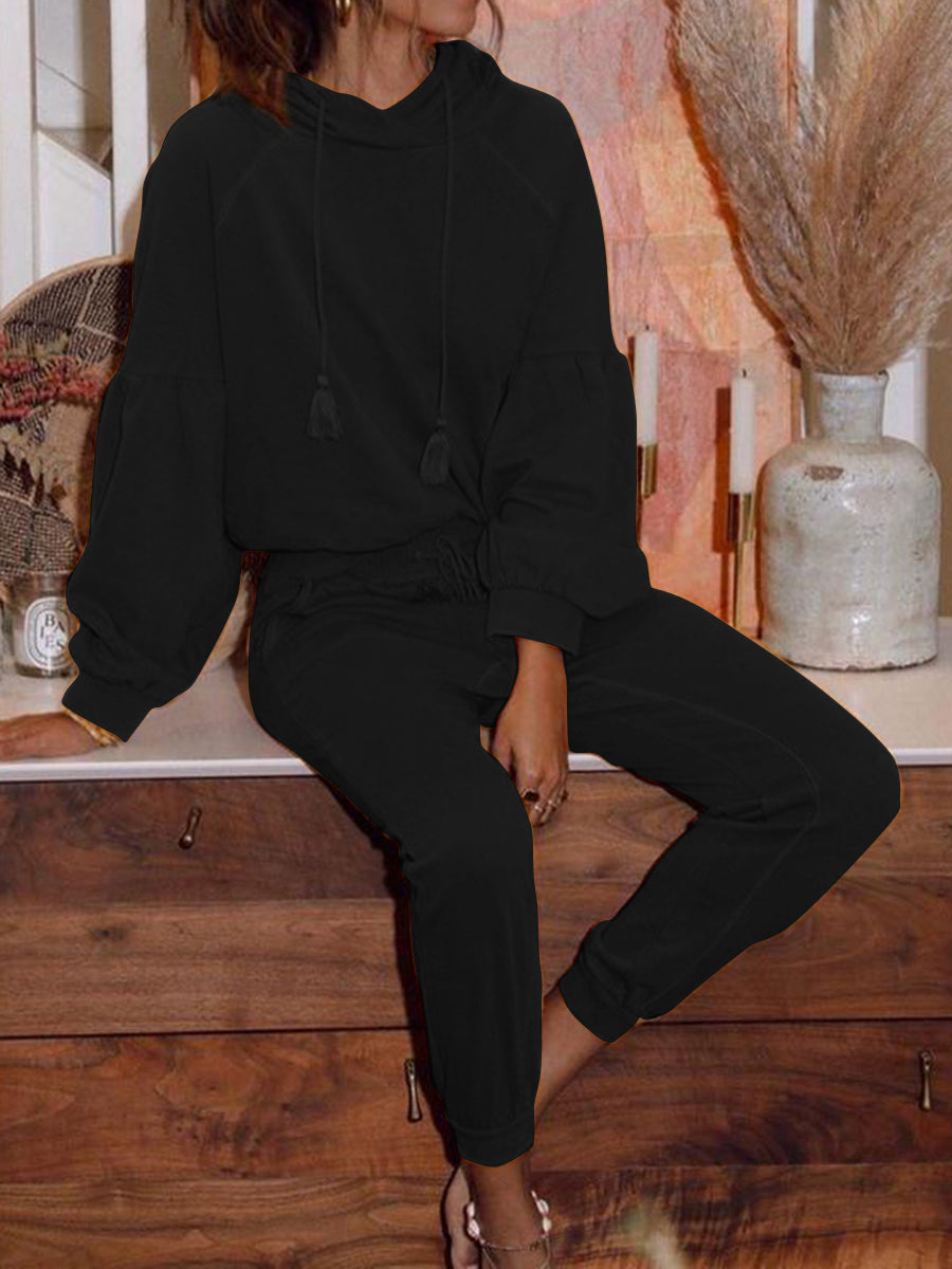 Casual Solid Color Hooded Top Two-piece Suit