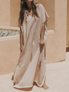 Retro Casual Loose V Neck Maxi Dress